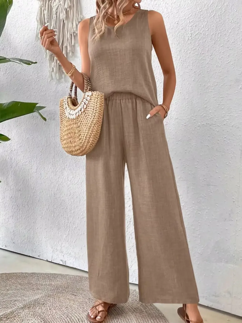 Round Neck Tank and Wide Leg Pants Set, image 19
