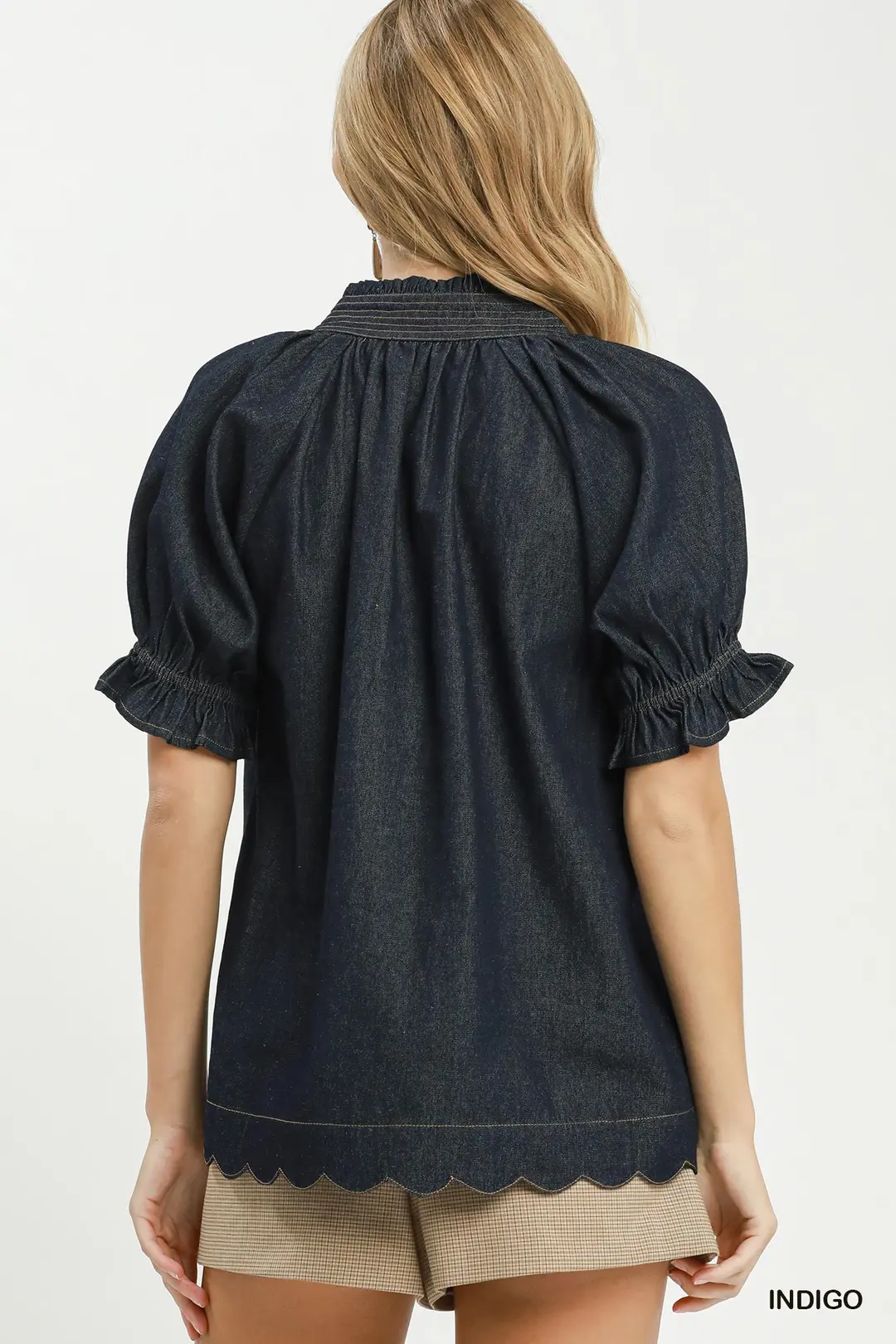 Chambray Puff Sleeve Scallop Hem Blouse, image 3