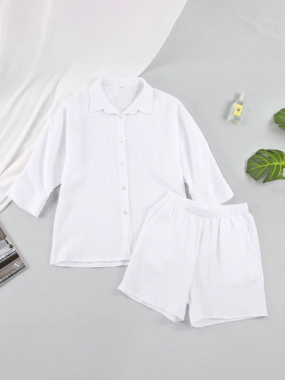 Texture Button Up Shirt and Shorts Set, image 3
