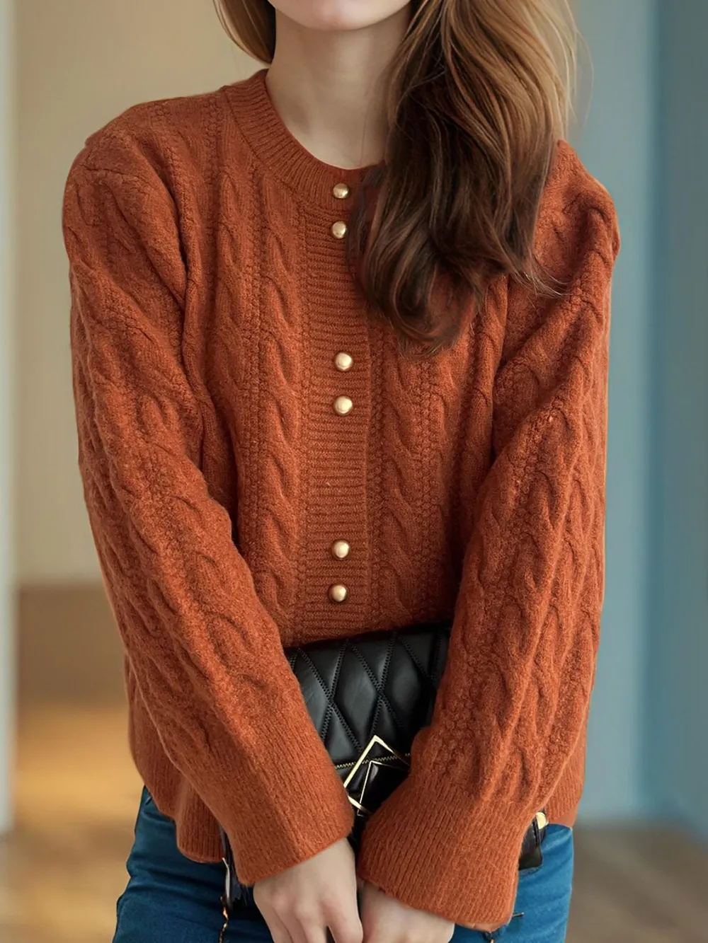 Cable-Knit Round Neck Long Sleeve Cardigan, image 19