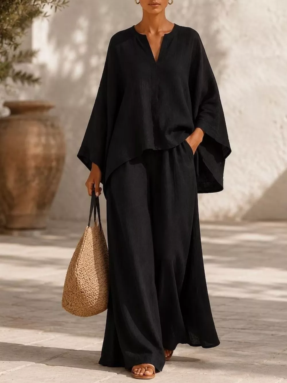 Full Size Notched Long Sleeve Top and Wide-Leg Pants Set Plus Size, image 13