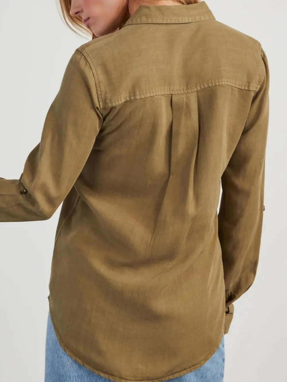 Collared Neck Roll-Tab Sleeve Denim Top, image 10
