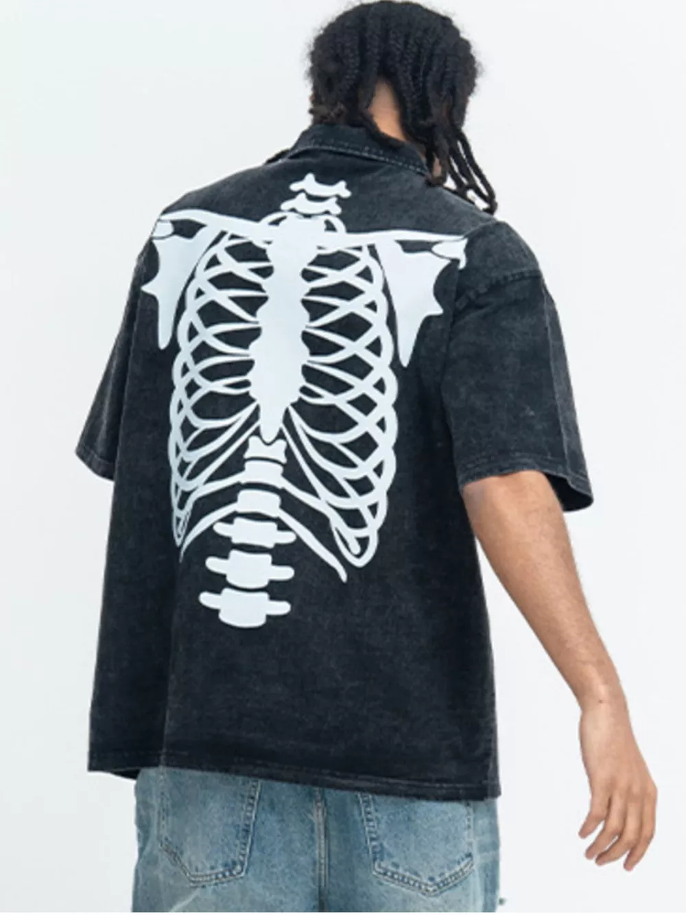 Men's Skeleton Print Washed Short Sleeve Polo