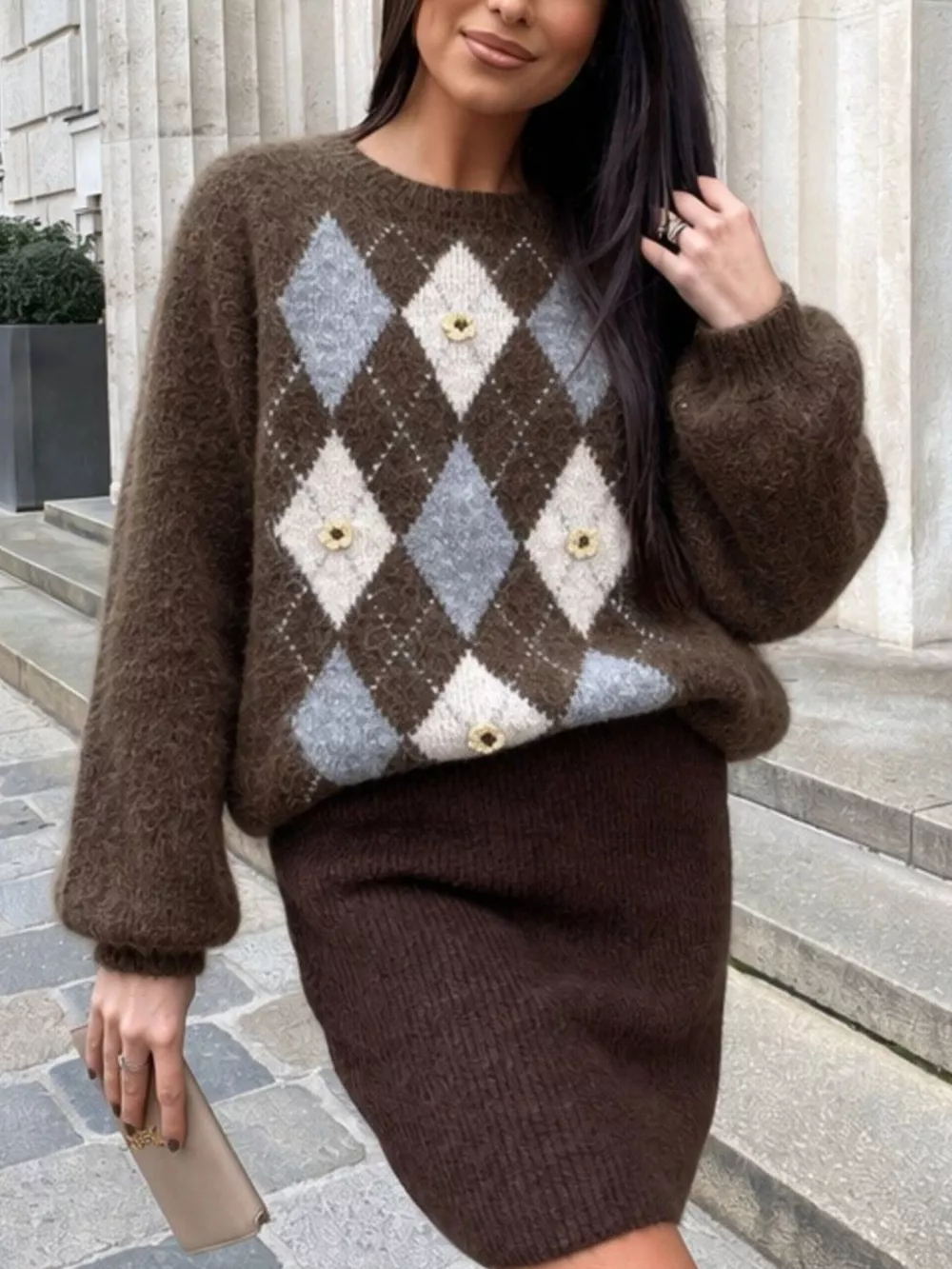 Argyle Pattern Raglan Sleeve Sweater, image 7