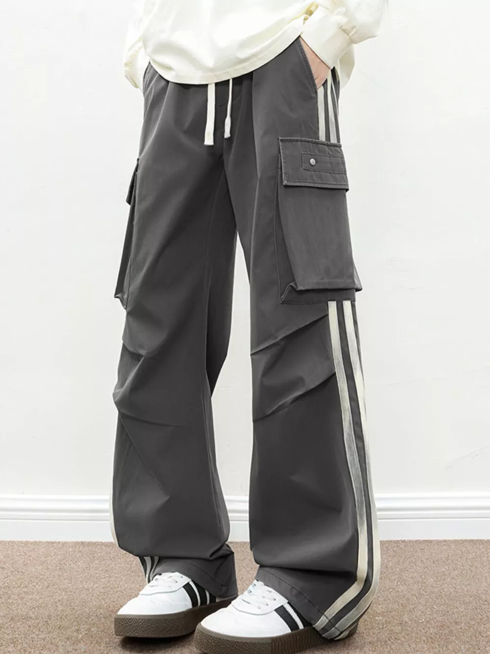 Men's Plus Size Casual Loose Cargo Pants with Side Stripes