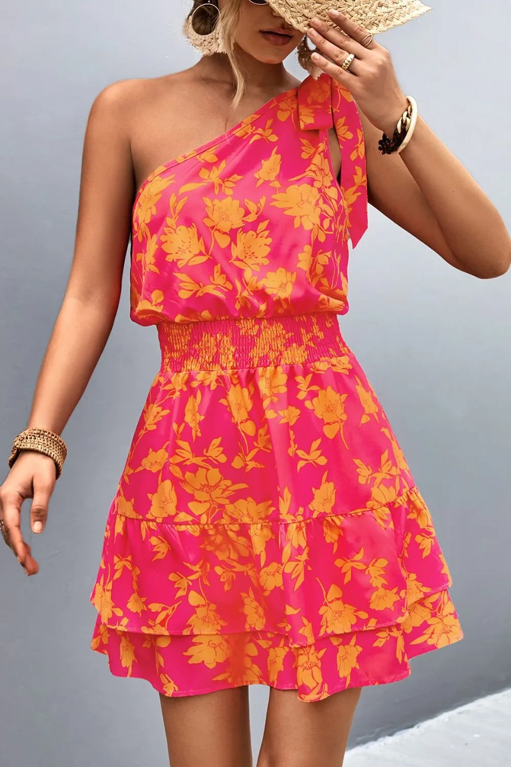 Tied Smocked Printed Single Shoulder Dress, image 6