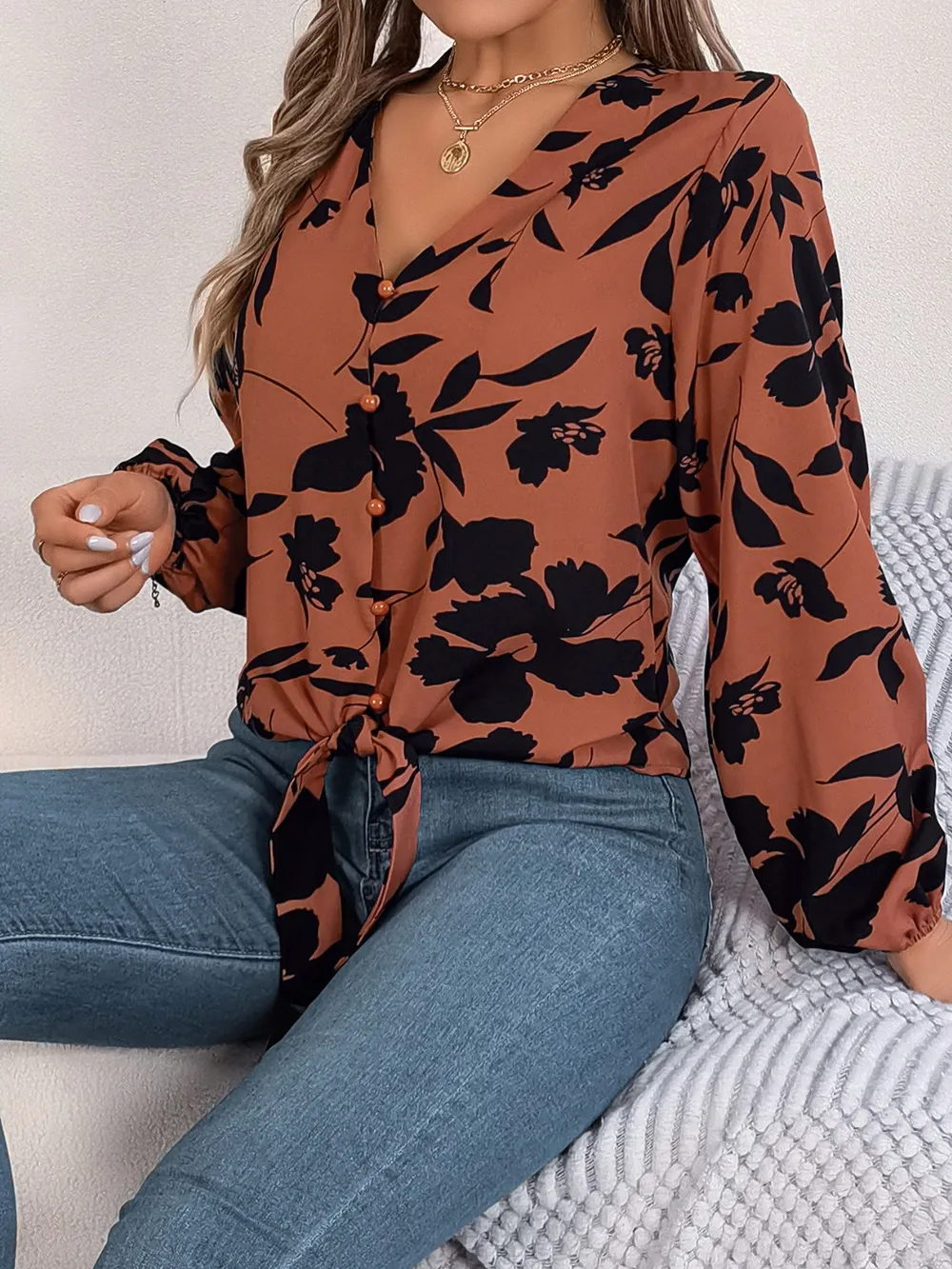 Printed V-Neck Long Sleeve Blouse, image 10