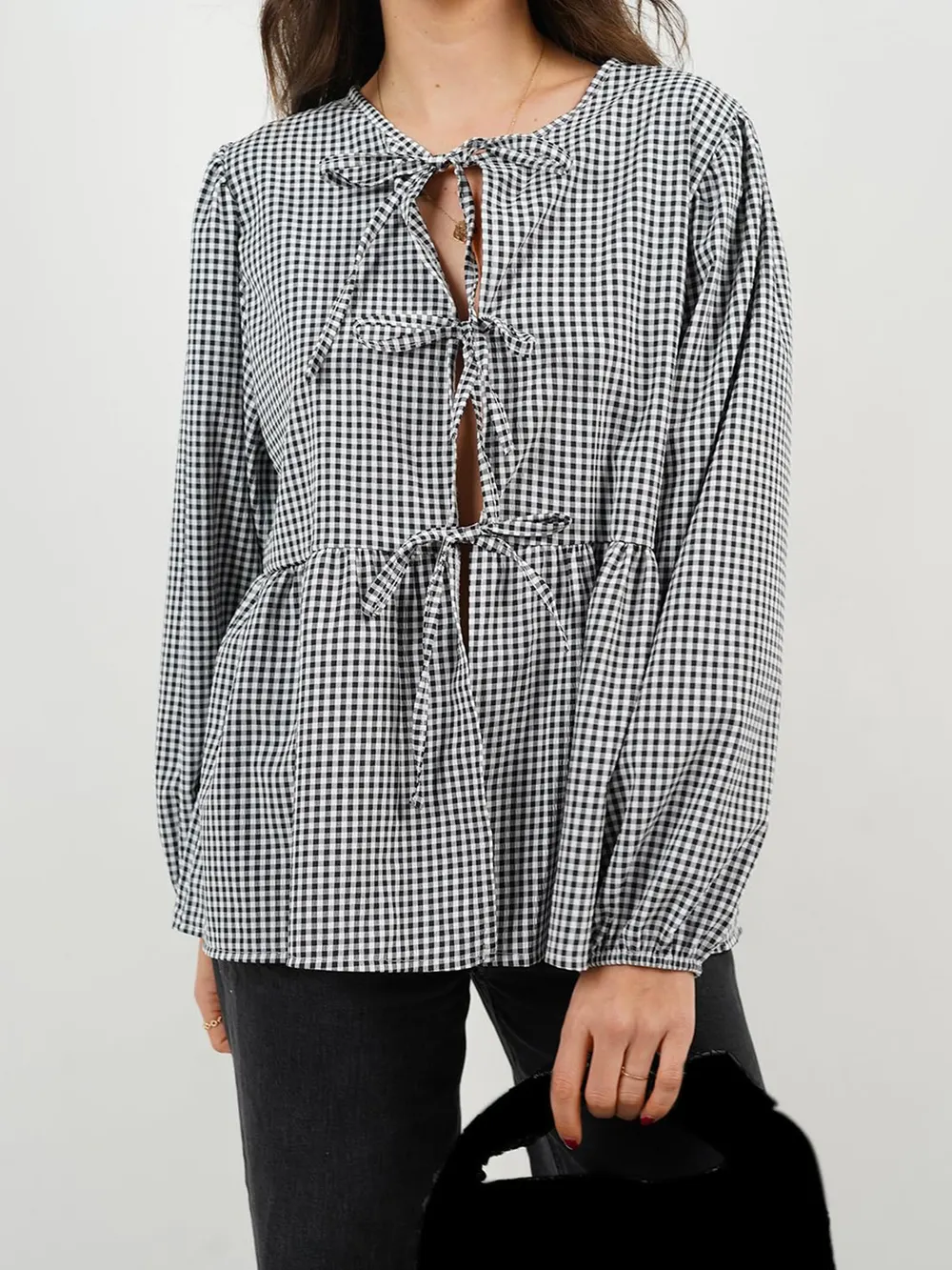 Tied Round Neck Long Sleeve Blouse, image 12