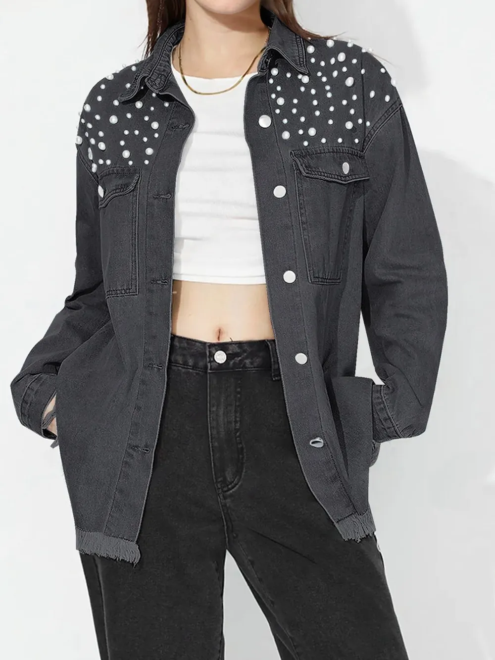 Raw Hem Pearl Trim Collared Neck Denim Top, image 13