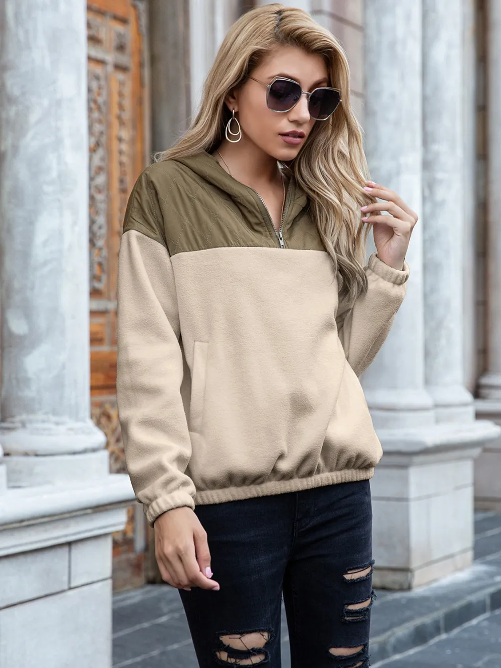 Pocketed Color Block Quarter Zip Hoodie, image 11