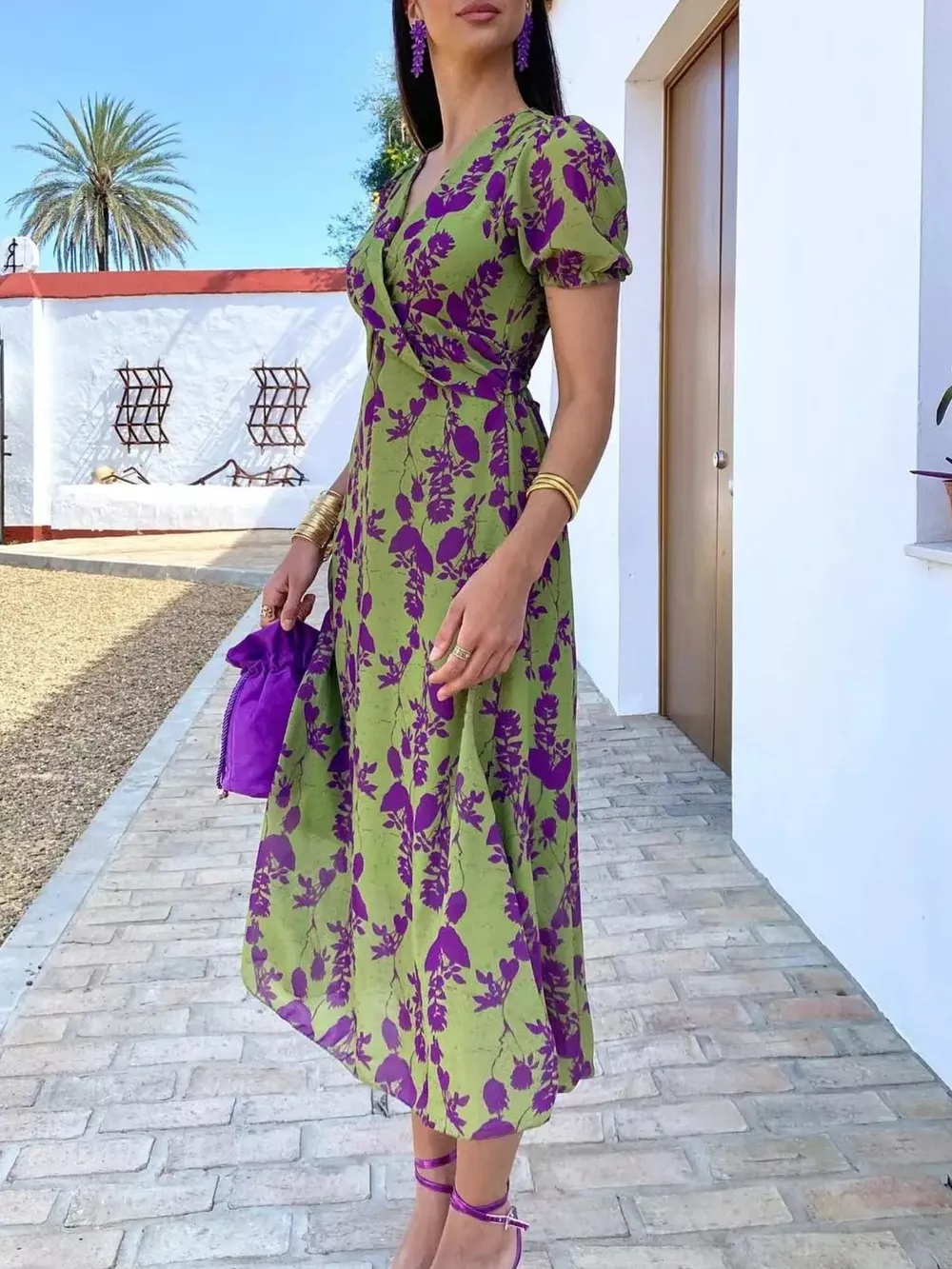 Full Size V-Neck Puff Sleeve Floral Print Dress Plus Size, image 3