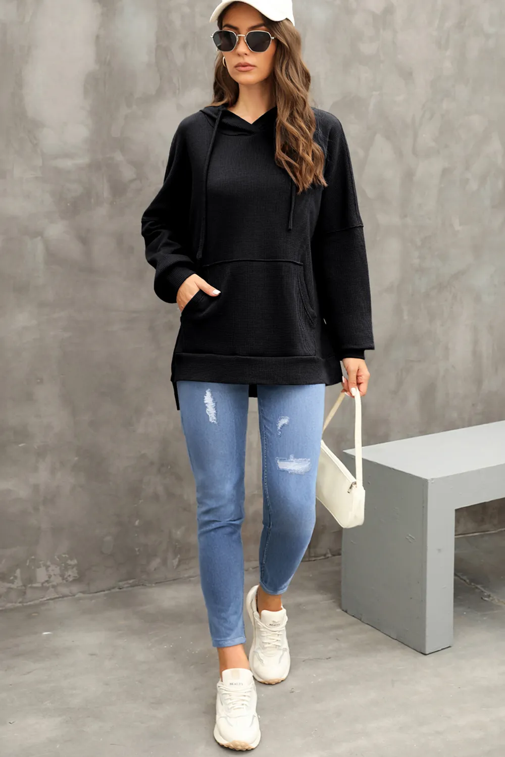 Waffle-Knit Long Sleeve Hoodie, image 7