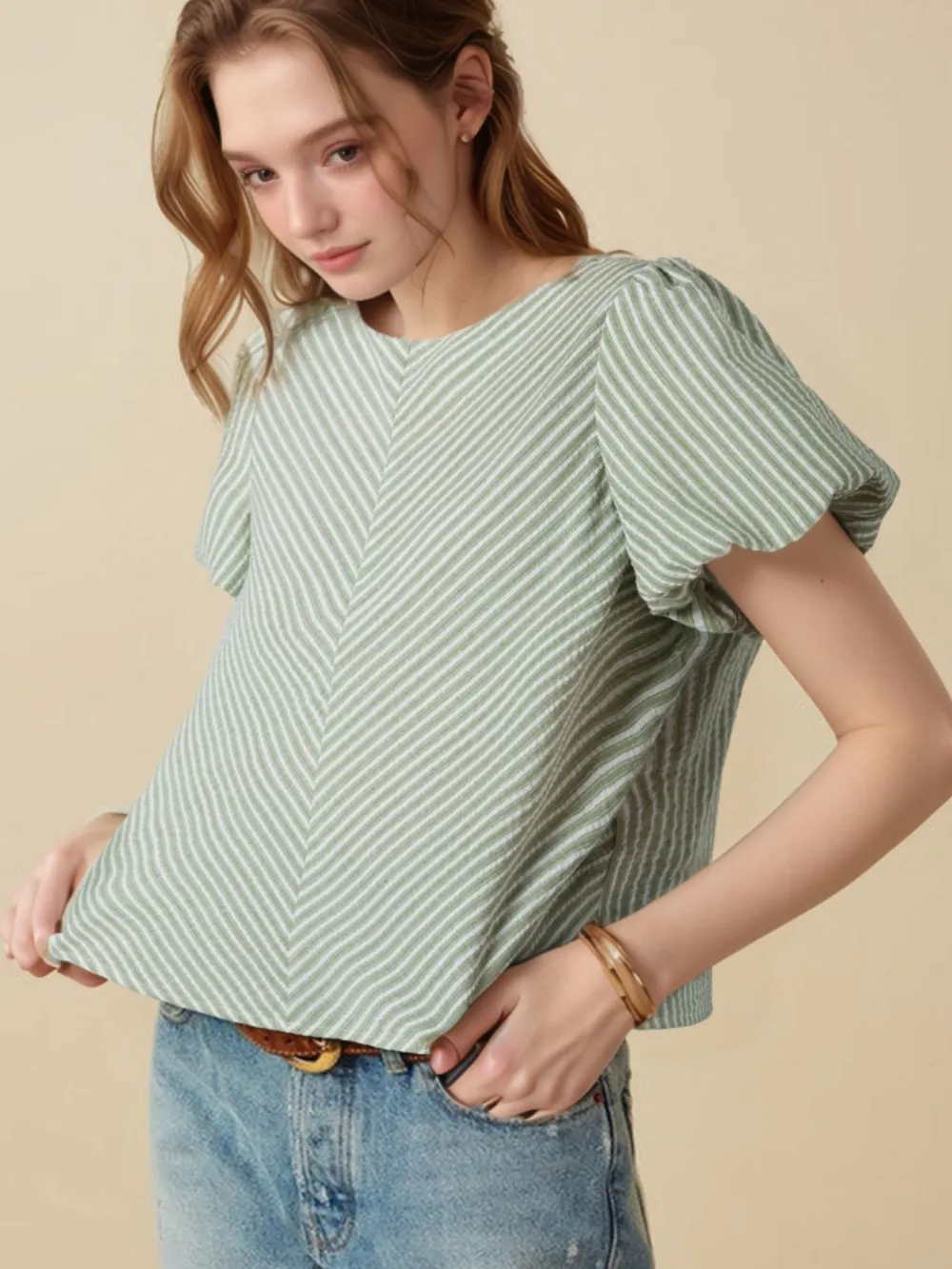 Stripe Textured Round Neck Short Puff Sleeve Blouse, image 3