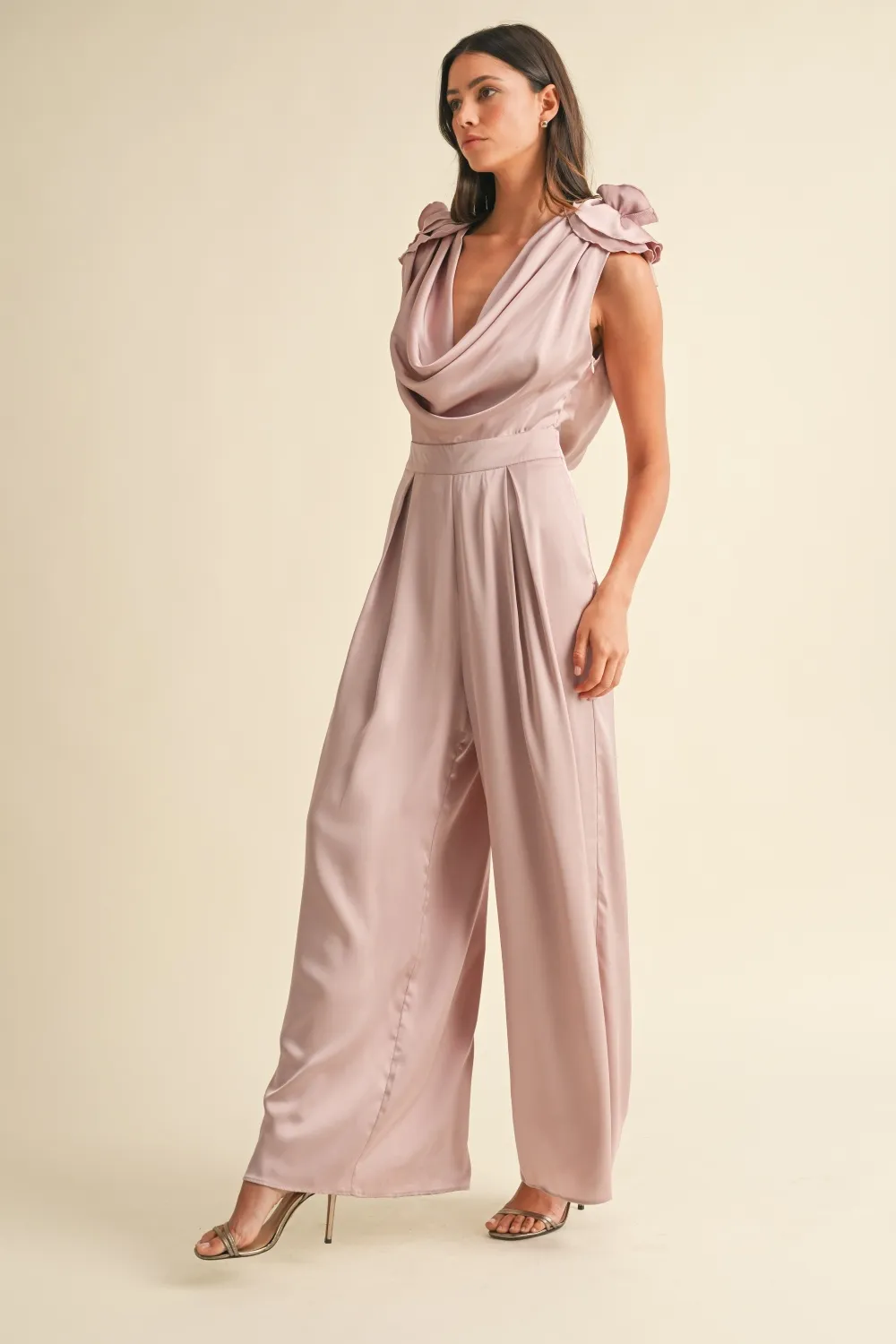 3D Floral Applique Deep Cowl Neck Jumpsuit, image 3
