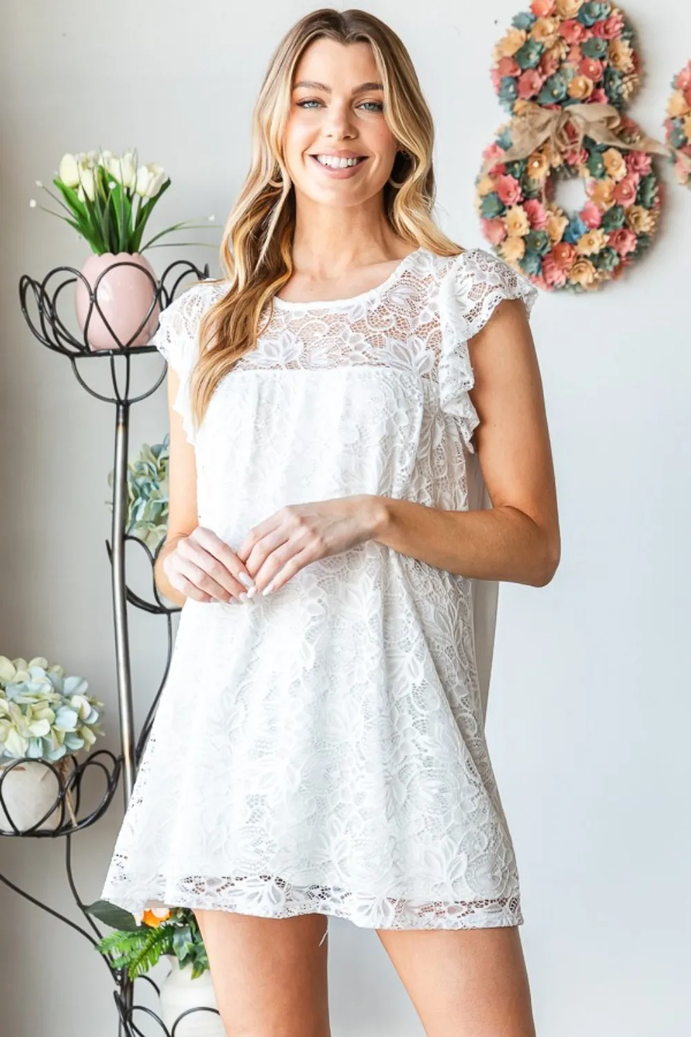 Full Size Round Neck Cap Sleeve Lace Top, image 4