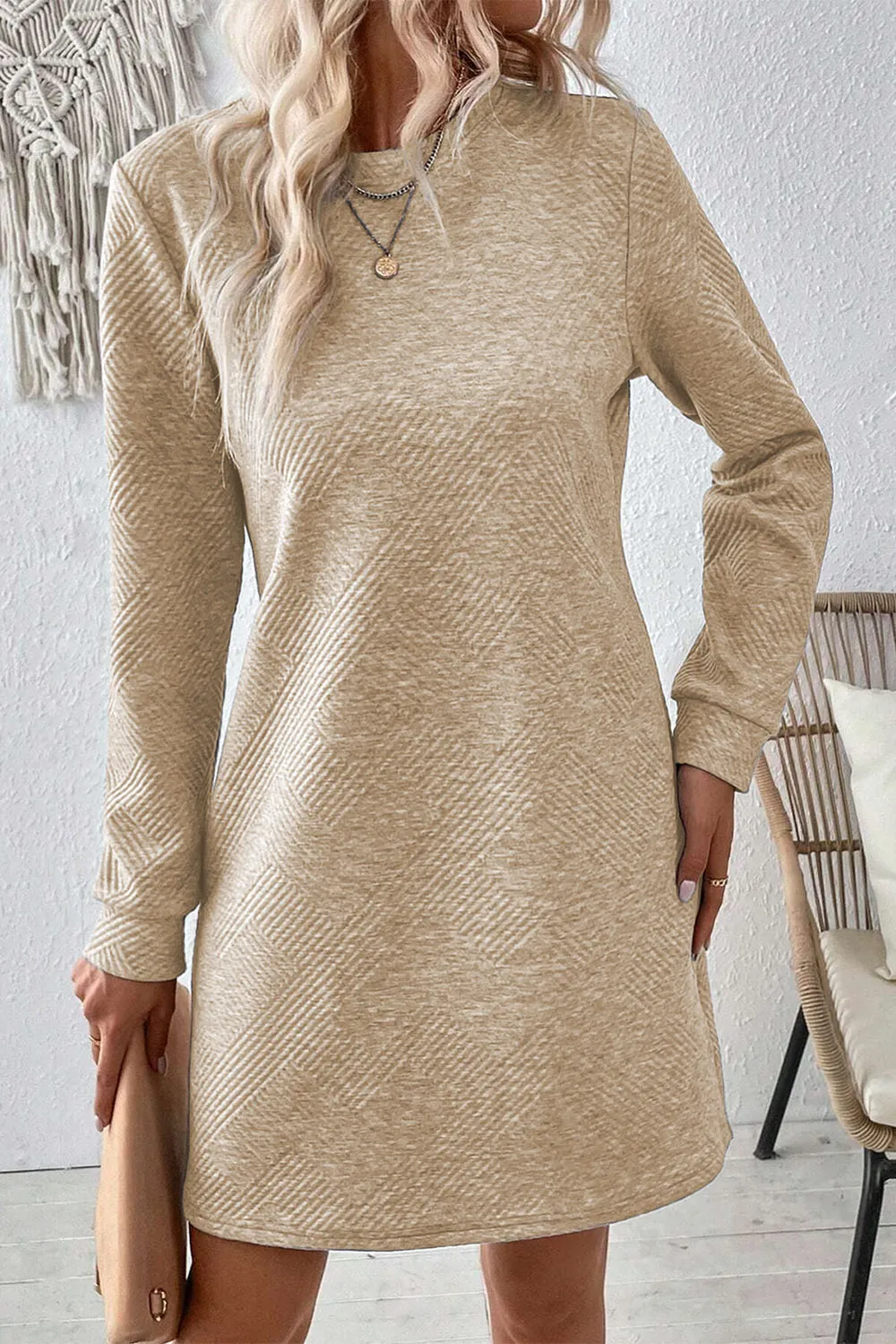 Textured Round Neck Long Sleeve Mini Dress, image 11