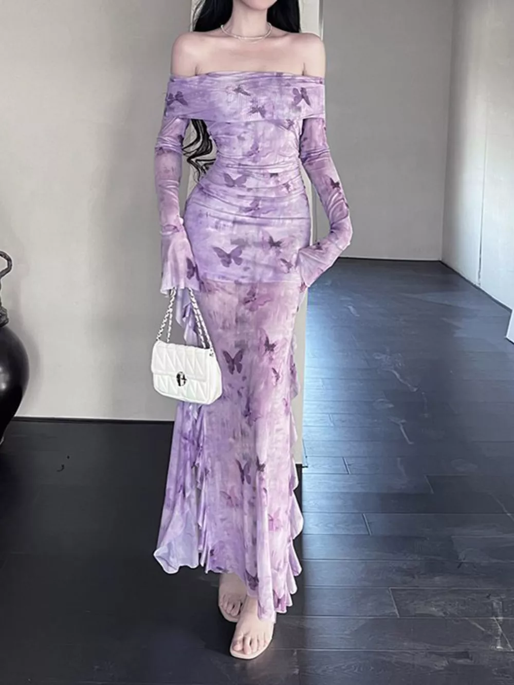 Butterfly Print Off-Shoulder Mesh Mermaid Dress, image 7