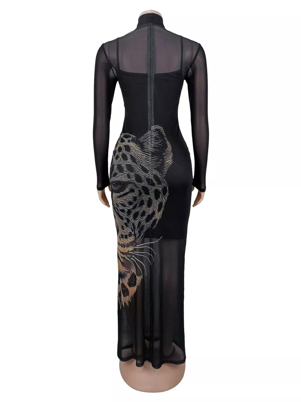 Leopard Print Mesh Long Sleeve Maxi Dress, image 4