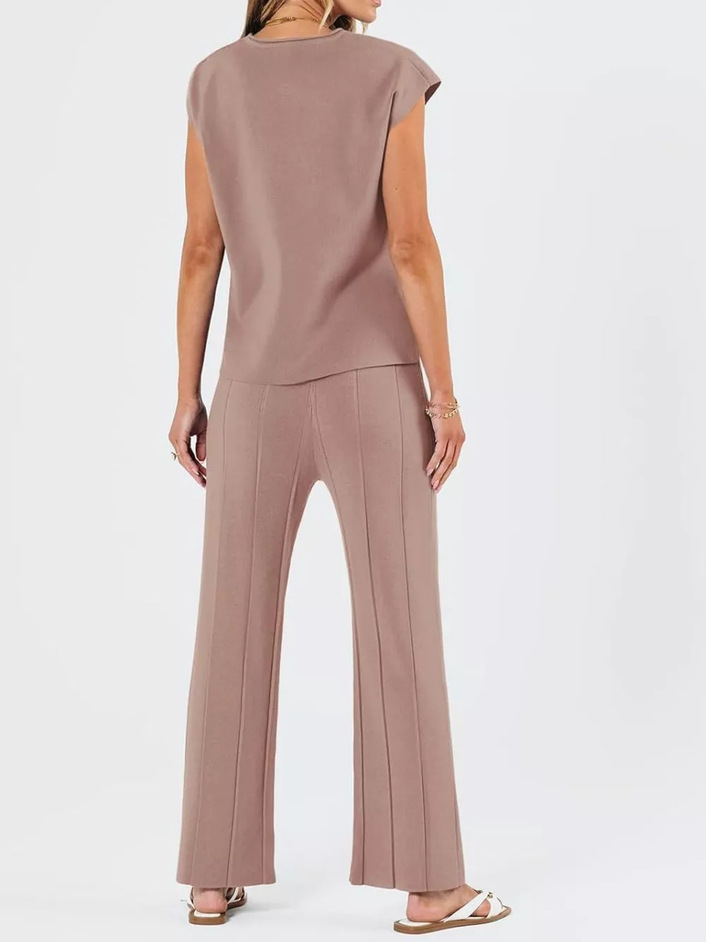 Casual Solid Color Cap Sleeve Top and Pants Knit Set, image 9