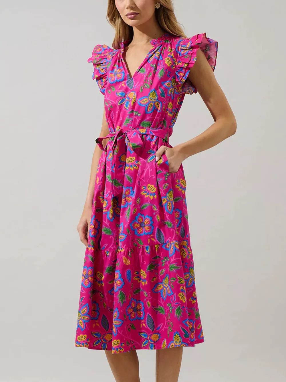 Flutter Sleeve Belted Floral Dress, image 2