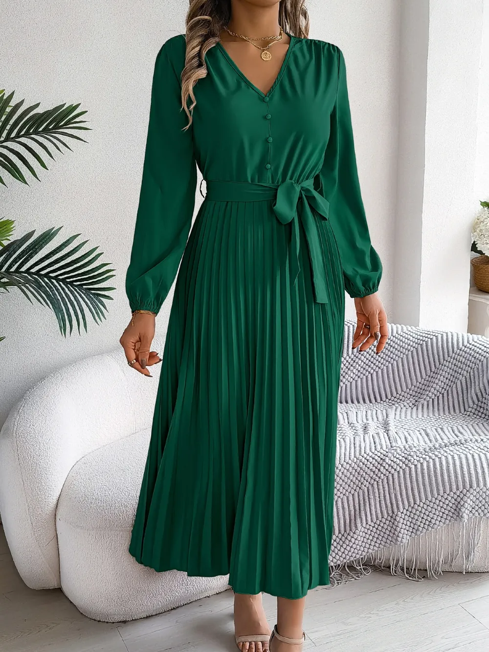 Pleated Tied V-Neck Long Sleeve Dress, image 17