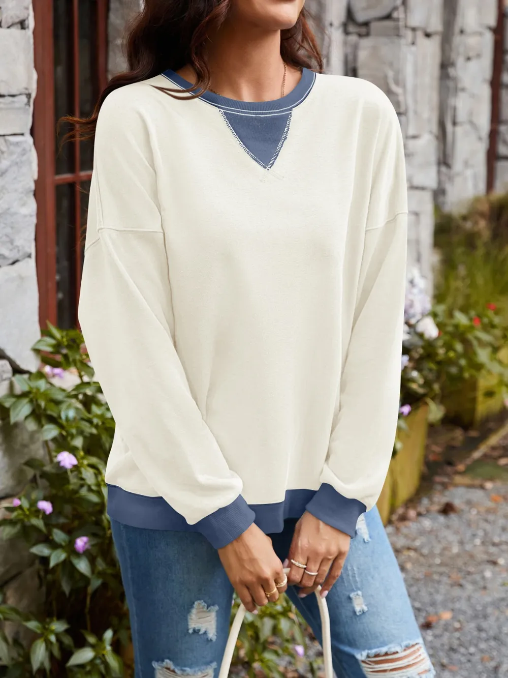 Contrast Round Neck Long Sleeve Sweatshirt, image 24