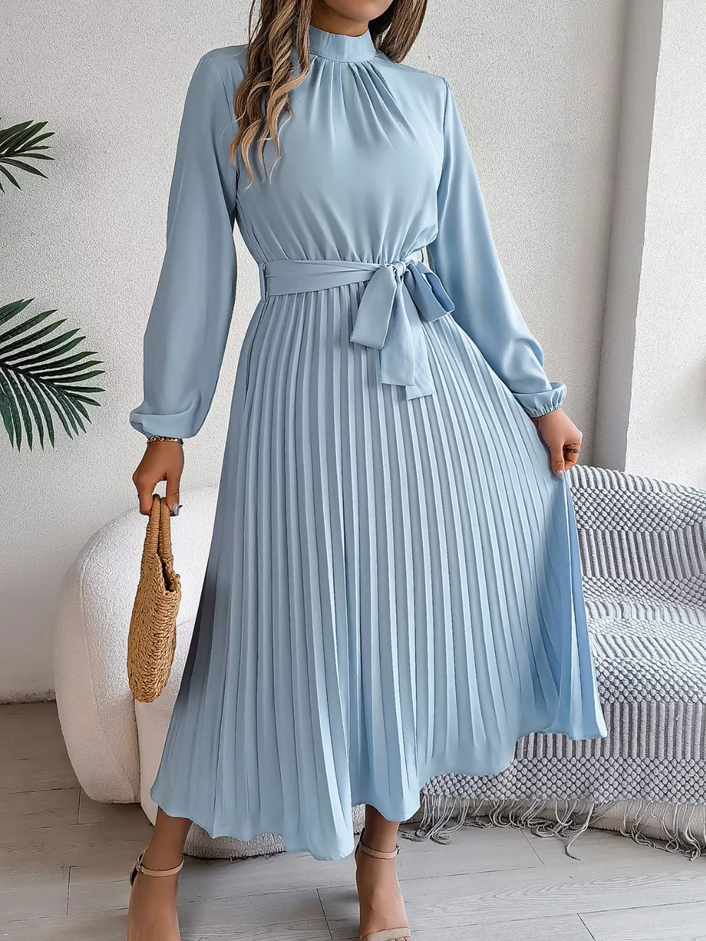 Mock Neck Pleated Midi Dress, image 21