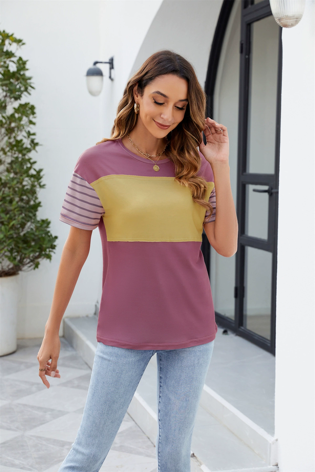 Color Block Round Neck Short Sleeve T-Shirt, image 8