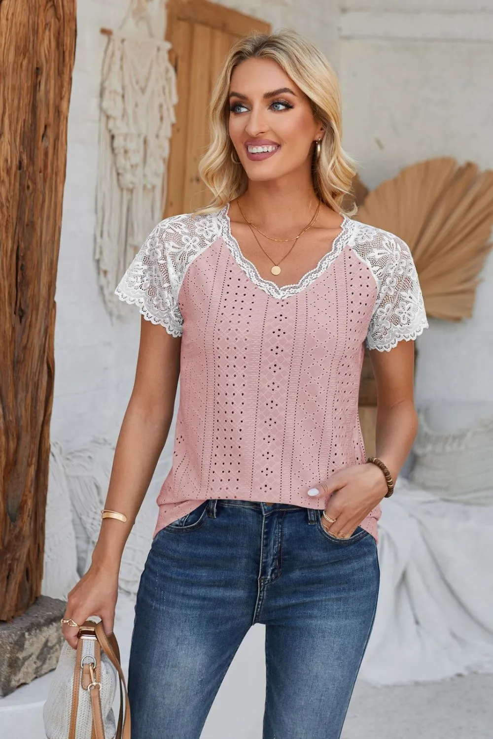 Eyelet V-Neck Lace Short Sleeve T-Shirt, image 32