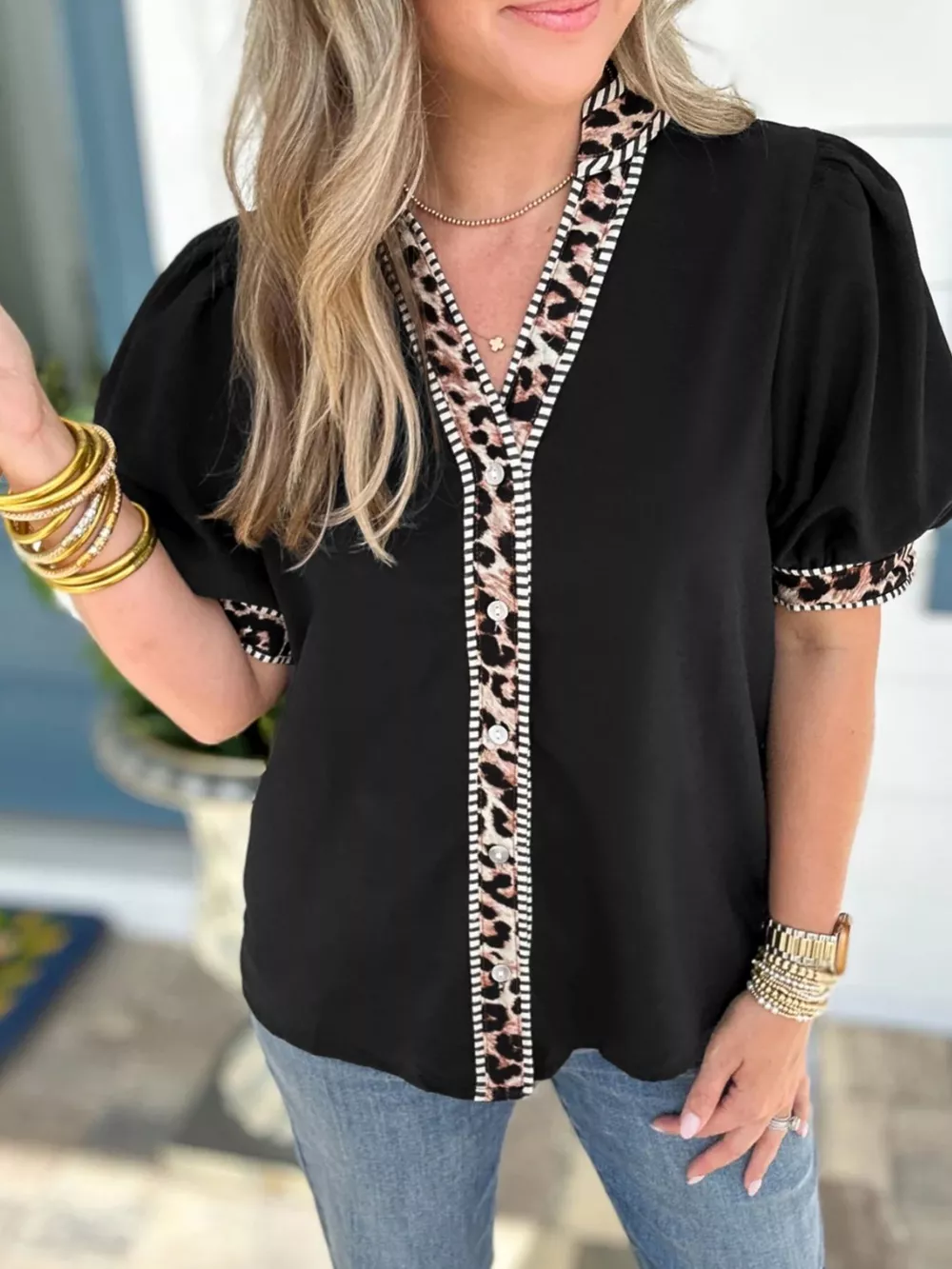 Leopard Trim Puff Sleeve Blouse, image 2
