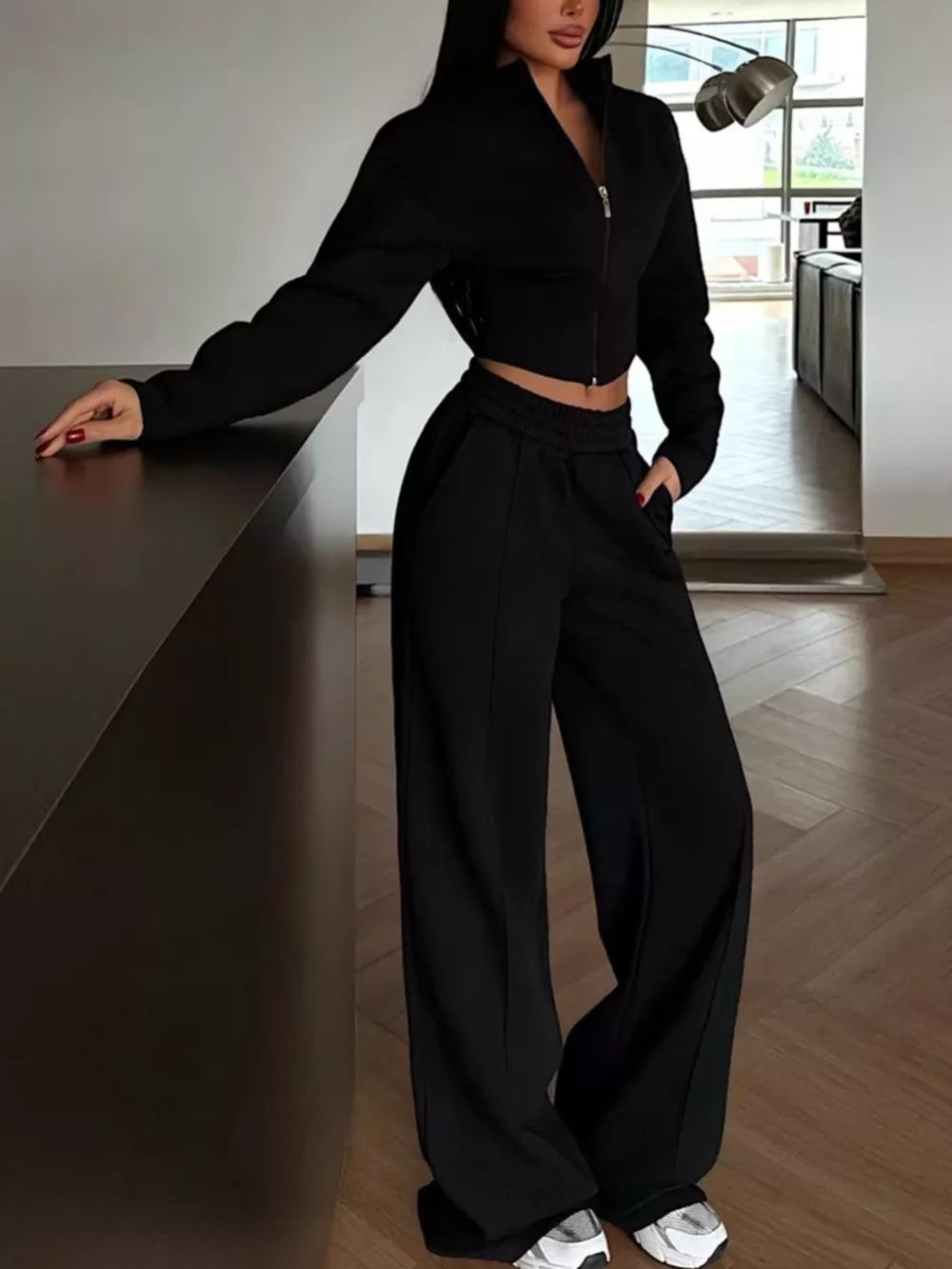 Zip-Up Crop Jacket and Wide-Leg Pants Set, image 6