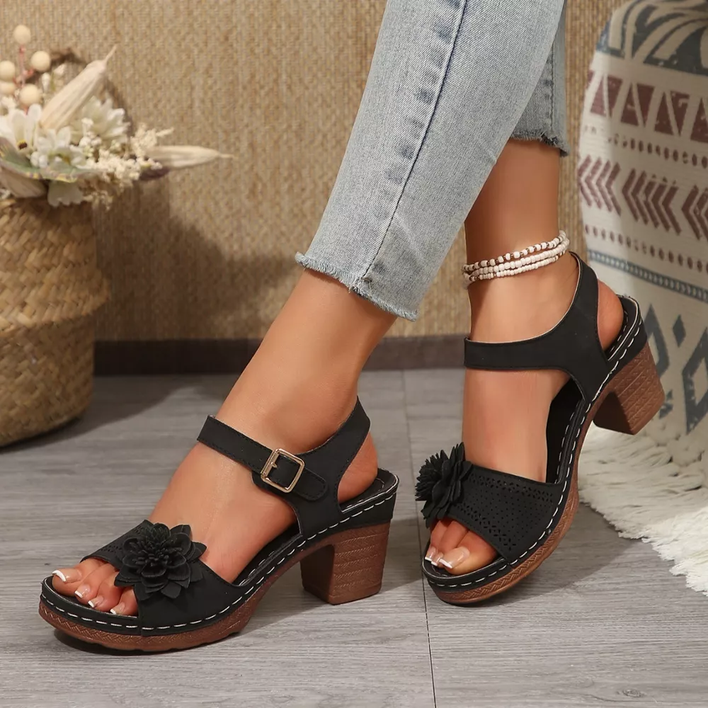 Floral Decor Buckle Ankle Strap Block Heel Sandals, image 14