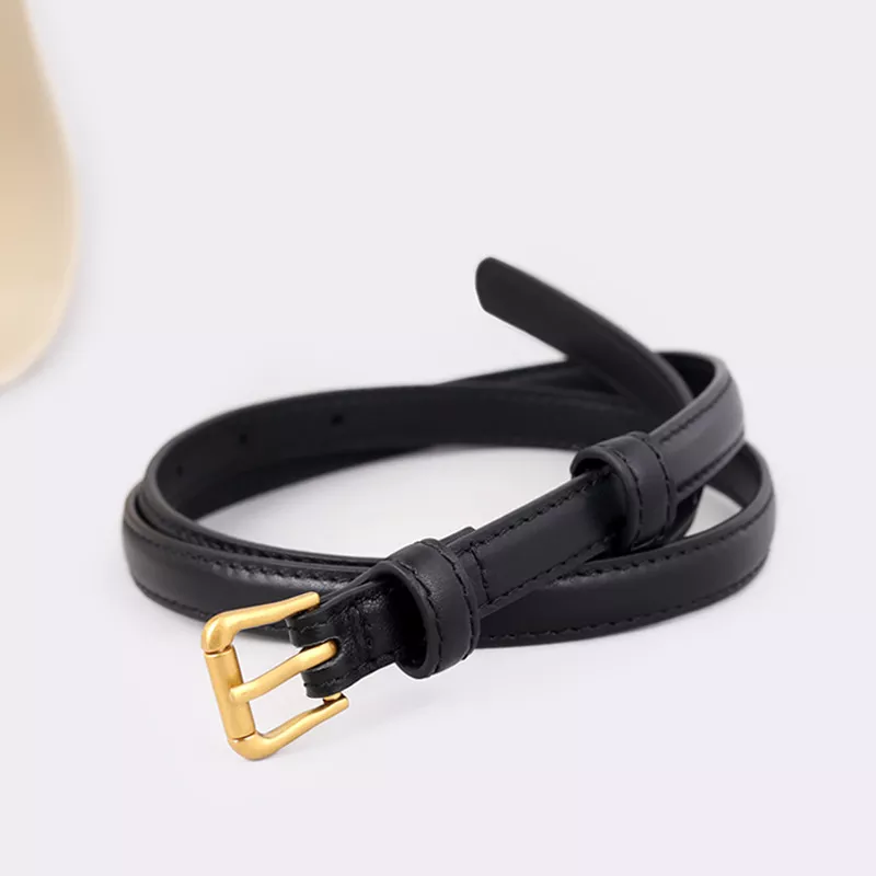 Skinny Leather Belt with Golden Buckle