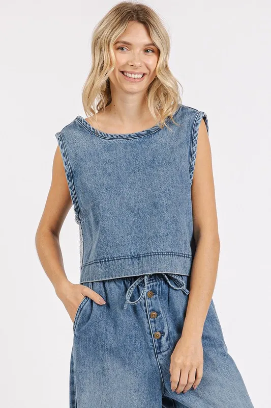 Washed Denim Distressed Detail Crop Tank