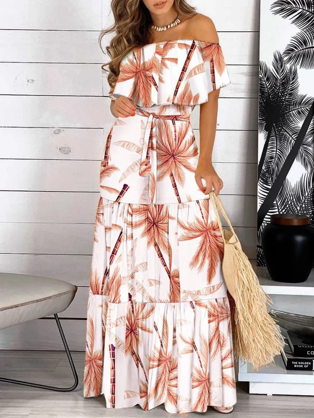 Printed Off Shoulder Maxi Dress, image 8