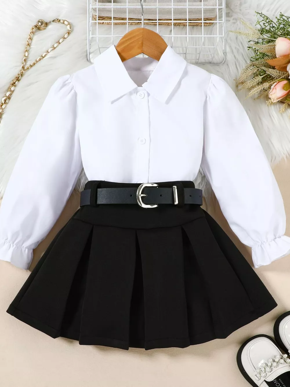 Children's Long Sleeve Shirt & Pleated Skirt Set with Belt