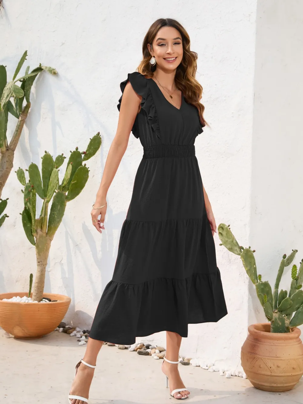 Tiered Ruffled V-Neck Cap Sleeve Dress, image 8