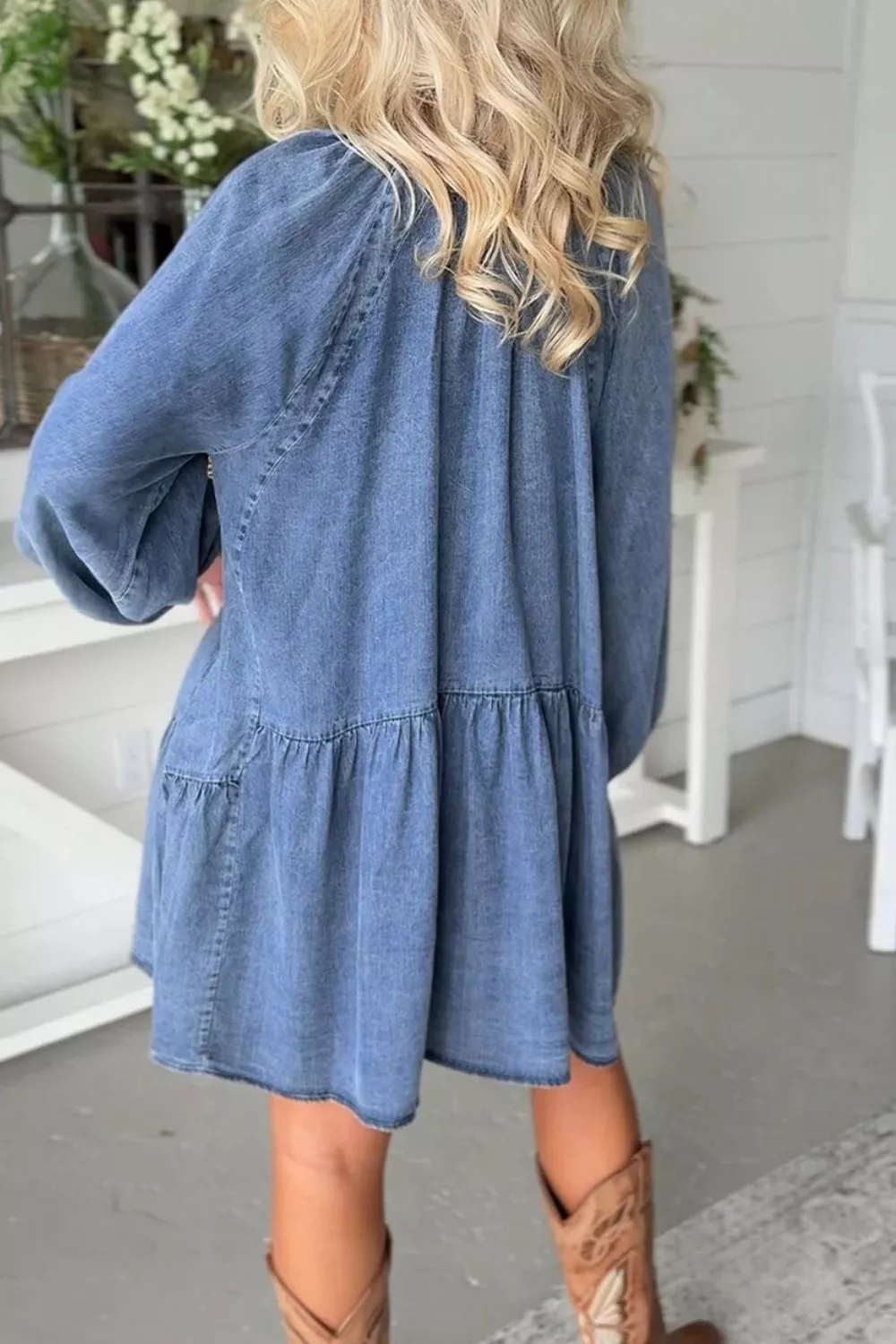 Puff Sleeve V Neck Ruffled Loose Denim Mini Dress, image 5