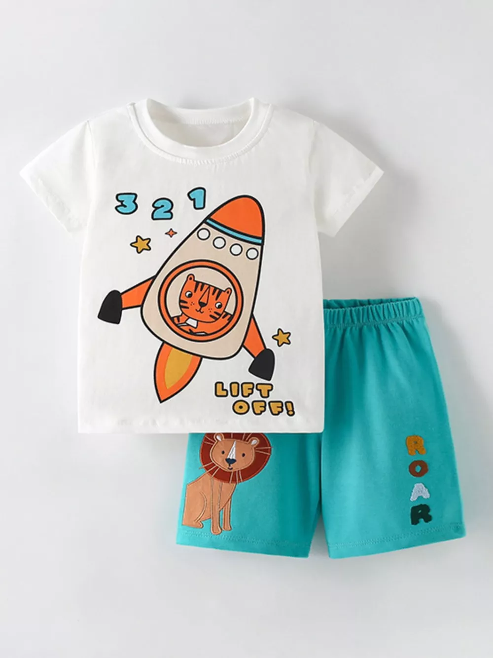 Children's Cartoon Rocket Graphic Tee and Lion Applique Shorts Set