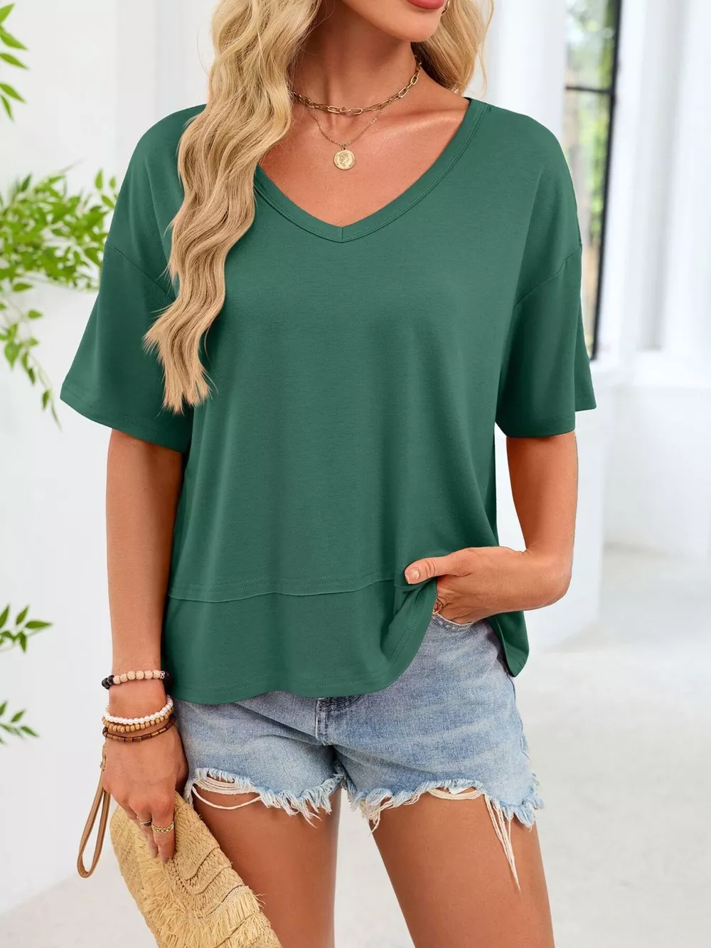 V-Neck Relaxed Fit Solid Color T-Shirt, image 22
