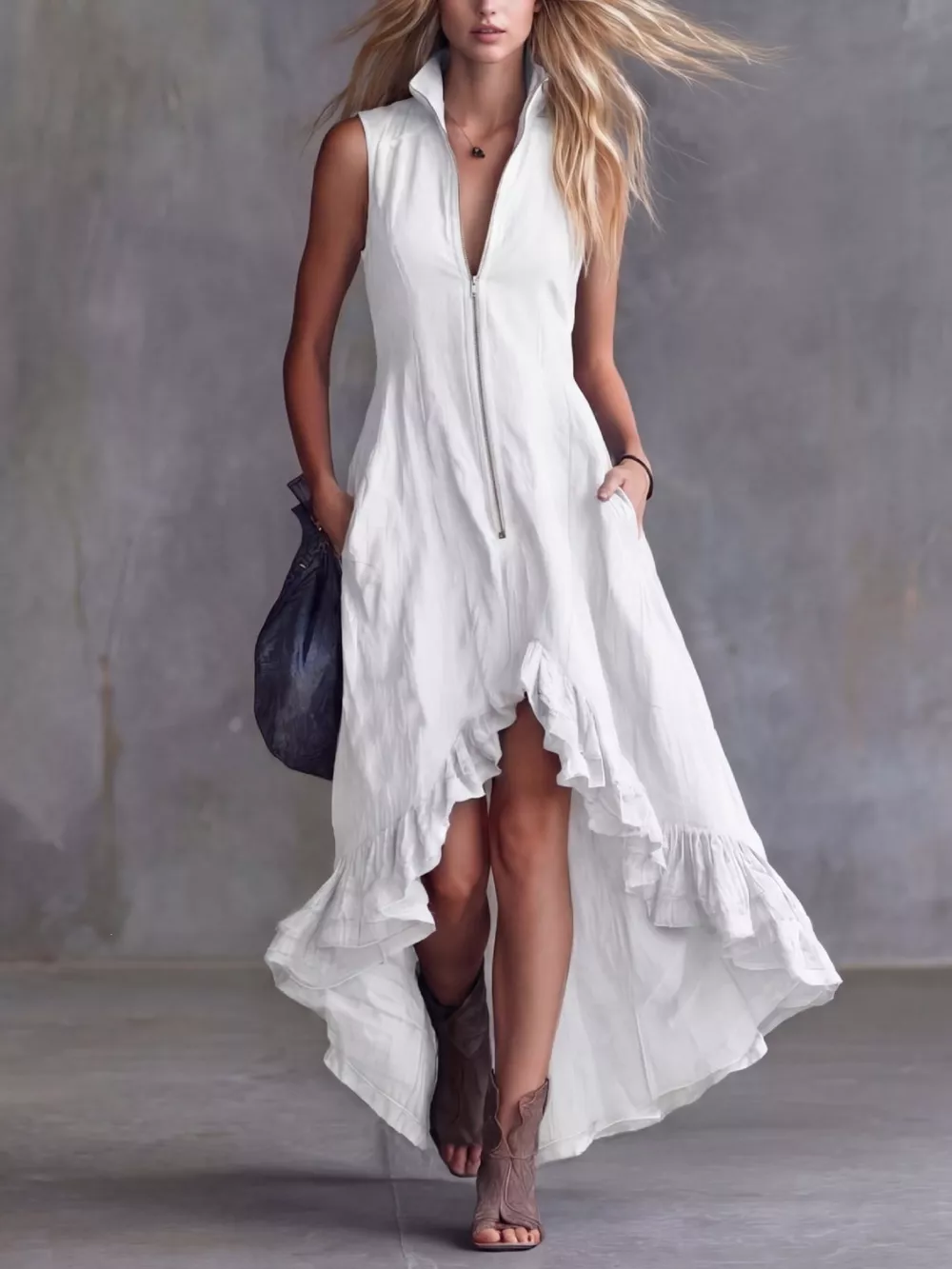 Full Size High-Low Ruffled Zip Front Dress Plus Size, image 7