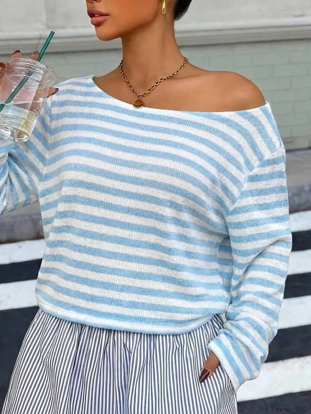 Boat Neck Striped Long Sleeve T-Shirt, image 25