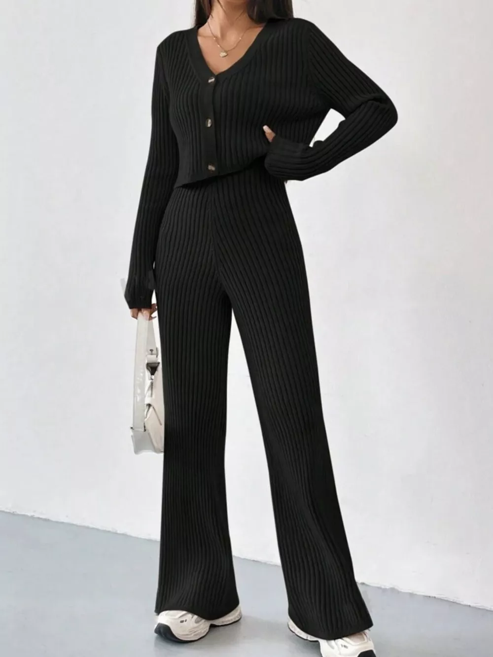 Ribbed Knit Button Up Top and Pants Set, image 7