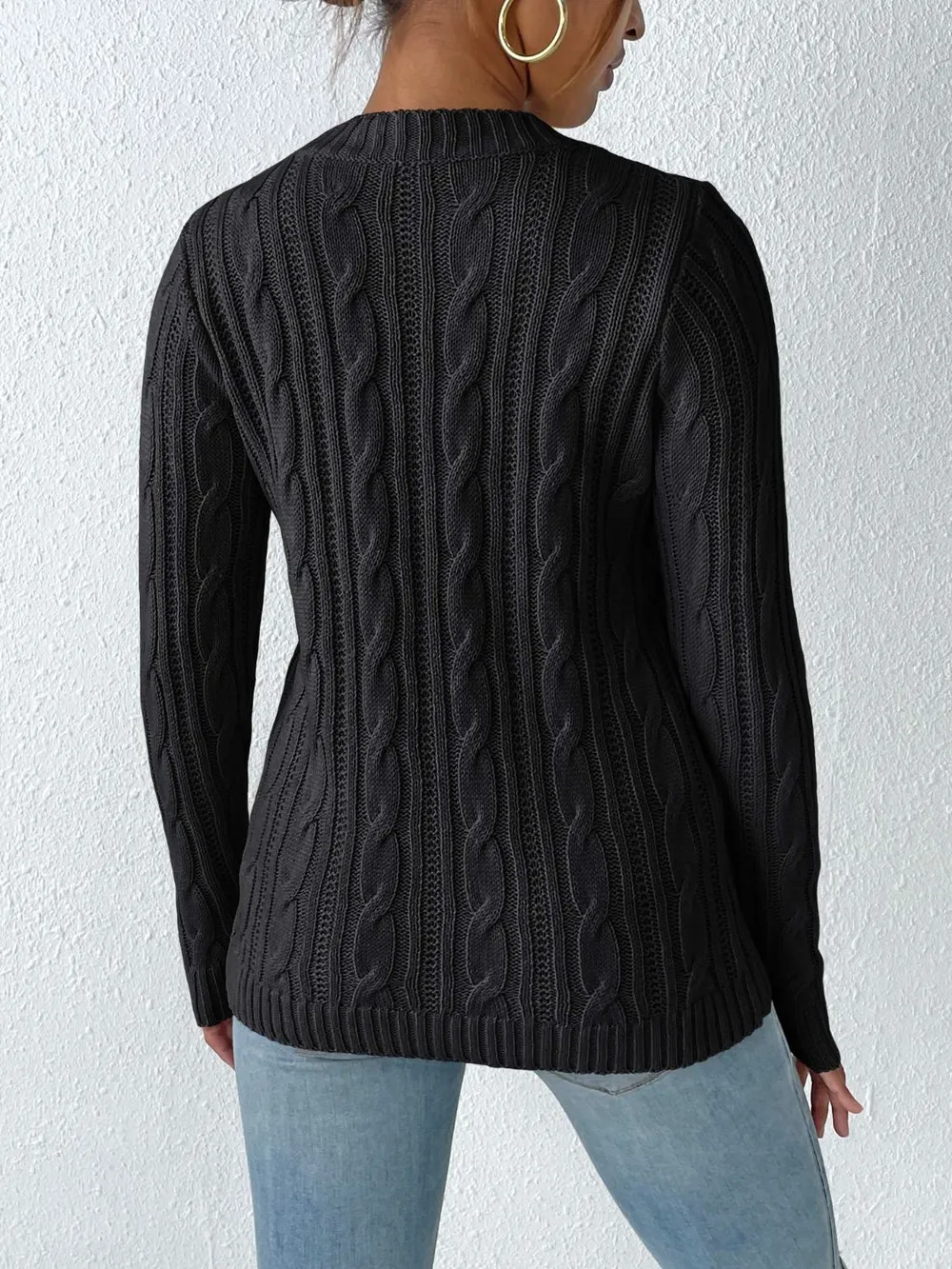 Cable-Knit Heart Round Neck Long Sleeve Sweater, image 5
