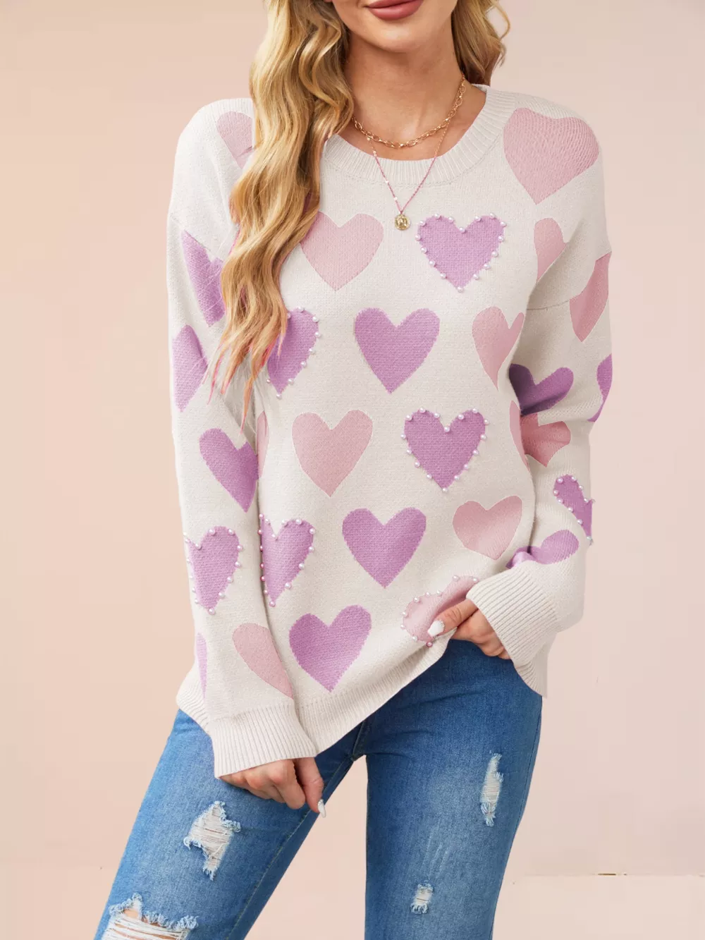 Heart Pattern Beaded Round Neck Sweater, image 7