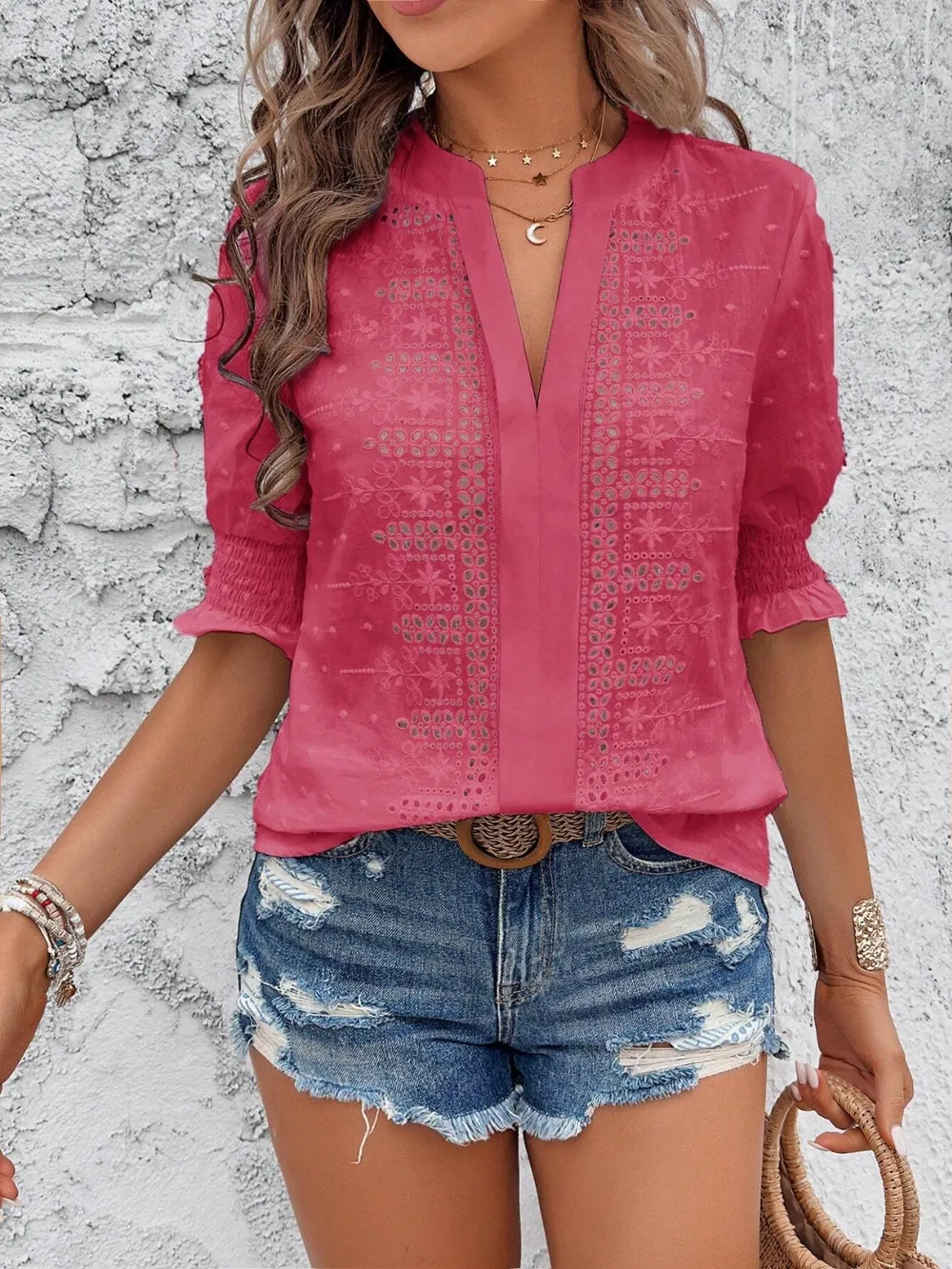 Eyelet Notched Flounce Sleeve Blouse