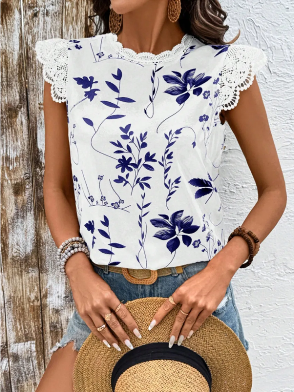 Lace Detail Printed Cap Sleeve Blouse, image 5