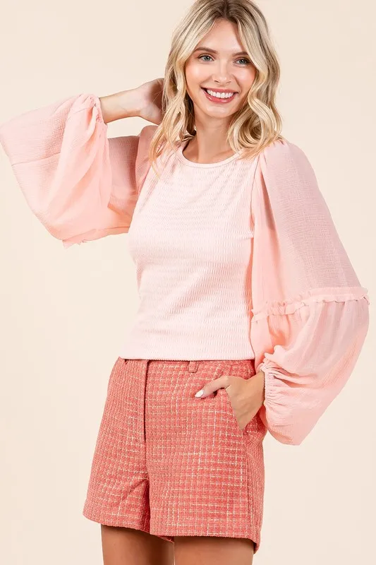 Mixed Media Textured Knit Chiffon Long Sleeve Top, image 3