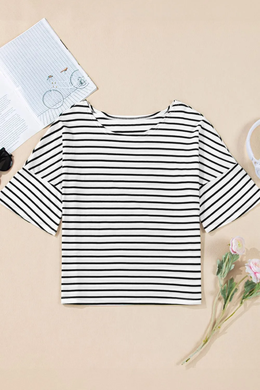 Stripe Half Sleeve Scoop Neck Top, image 9