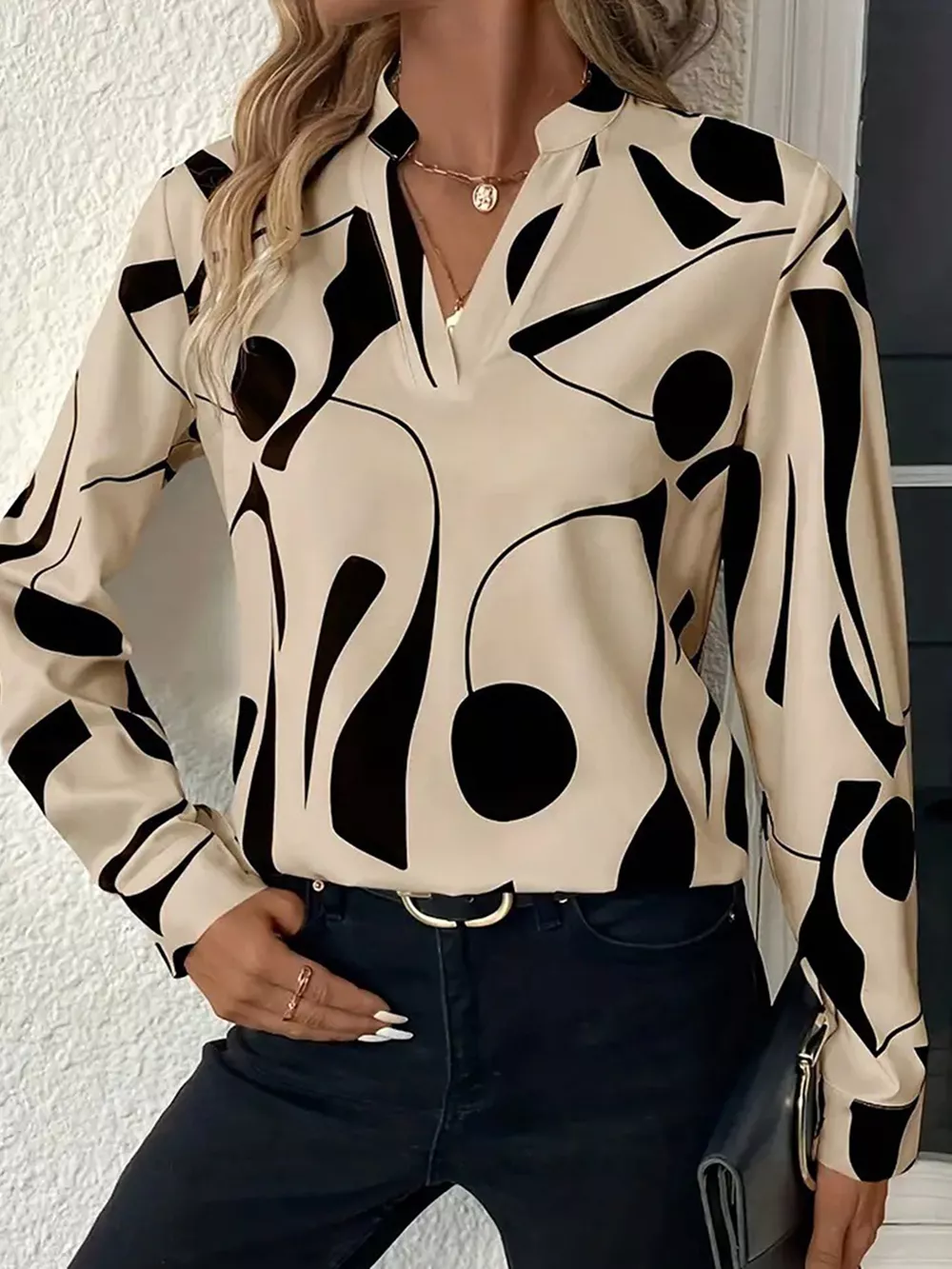 Abstract Print Notched Long Sleeve Blouse